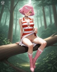 1girls ai_generated dr.stone dress dress_lift female full_body luna_wright on_tree pussy seacreator sitting sitting_on_tree solo