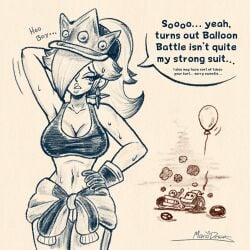 1girls artist_logo balloon belly_button big_breasts cap car_crash crown dialogue embarrassed female_only hair_over_one_eye hat kart mario_(series) mario_kart mario_kart_world marodraws nintendo ponytail princess_rosalina princess_rosalina_(pro_racer) racing_suit skinny solo_female speech_bubble sports_bra star_earrings sweat tagme thin_waist