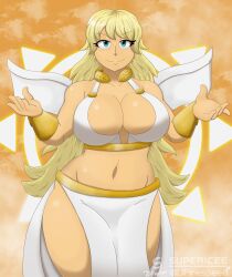 2024 altjon angel angel_wings belly_button big_breasts blonde_female blonde_hair bra caucasian_female cleavage eyelashes female female_only gold_bracelets gold_jewelry green_eyes ijfirespeed jolianna loincloth long_hair looking_at_viewer midriff navel neckwear proton_jon seductive_look smiling smiling_at_viewer supericee thick_thighs