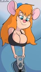 anthro big_breasts bite biting_lip breast_squish breasts buckteeth chip_'n_dale_rescue_rangers cleavage clothed clothing davidsanchan disney duo eyewear eyewear_on_head faceless_character faceless_male female gadget_hackwrench goggles goggles_on_head gradient_background hi_res huge_breasts larger_male male male/female mammal micro mouse murid murine orange_hair rodent shirt simple_background size_difference smaller_female smile squish tank_top teeth topwear zipper