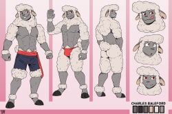 abs absurd_res ankle_tuft anthro areola arm_tuft back_hair body_hair bottomwear bovid bulge caprine charles_baleford_(dragonmate7) chest_hair clothed clothing color_swatch dialated_pupils ear_piercing ear_ring fur gesture grey_body grey_nose grey_skin headshot_portrait hi_res hooves horizontal_pupils juniorjosi leg_tuft looking_at_viewer male mammal model_sheet neck_hair nipples piercing portrait pubes pupils raised_arm red_eyes ring_piercing sash sheep shorts shoulder_tuft simple_background smile solo tail teeth thigh_tuft tongue topless topless_anthro topless_male tuft underwear waving wool_(fur) wrist_tuft