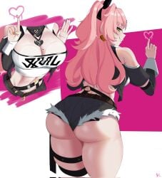 1girl ass belt big_ass big_butt black_ribbon black_shorts blush breasts clarkekitsp cleavage colored_nails crop_top detached_collar detached_sleeves fingernails from_behind fur-trimmed_shorts fur_trim green_eyes hair_ornament hair_ribbon hairclip heart highres jewelry large_breasts lips long_fingernails long_hair looking_at_viewer looking_back mole mole_on_breast mole_under_eye nail_polish navel nicole_demara painted_nails pink_hair pocket ribbon shiny_skin shorts smile solo teeth thick_thighs thigh_strap thighs two_side_up zenless_zone_zero