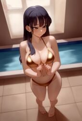1girls 2d ai_generated ass barefeet big_ass big_breasts bikini black_hair boku_no_kokoro_no_yabai_yatsu breasts erophoenix feet female female_focus full_body gold_bikini looking_at_viewer looking_back navel nude pale_skinned_female patreon_username smile soles solo solo_female sweat swimsuit thick thick_thighs toes uncensored yamada_anna
