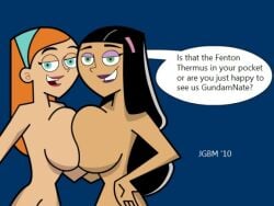 2010 2girls black_hair blue_background blue_eyes blue_hair breast_press breasts crossover danny_phantom dark_skin english_text female green_eyes jazz_fenton jgbm large_breasts long_hair multiple_girls nickelodeon nicktoons nude paulina_sanchez simple_background smile speech_bubble symmetrical_docking