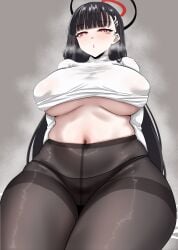 absurdres black_hair black_panties black_pantyhose blue_archive blunt_bangs blush breasts covered_nipples crotch_seam female hair_ornament hairclip halo highres large_breasts long_hair millennium_science_school_student navel panties pantyhose red_eyes ringed_eyes rio_(blue_archive) seminar_(blue_archive) solo sweater thighband_pantyhose turtleneck turtleneck_sweater underboob underwear variant_set white_sweater woo_(woosan)