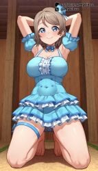 ai_generated armpits arms_behind_head arms_up bare_legs bare_shoulders barefoot blue_bow blue_choker blue_dress blue_eyes blue_headwear blue_sleeves blush bowtie breasts brown_hair center_frills choker cleavage closed_mouth collarbone covered_navel detached_sleeves dress feet female frilled_dress frills full_body grey_hair hat indoors kneeling large_breasts leg_ribbon legs light_brown_hair looking_at_viewer love_live! love_live!_sunshine!! mini_hat mini_top_hat mykibuu puffy_detached_sleeves puffy_short_sleeves puffy_sleeves ribbon short_dress short_hair short_sleeves smile solo swept_bangs thigh_ribbon thigh_strap thighs tilted_headwear toenails toes top_hat watanabe_you