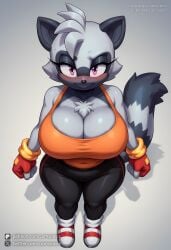 animal_nose artist_name bangs bare_shoulders blush body_fur breasts collarbone colored_skin cumsonics female furry furry_female gloves grey_background huge_breasts large_breasts looking_at_viewer metadata_request model_request original pants patreon_username purple_eyes shirt shoes short_hair signature simple_background sitting smile solo sonic_(series) tail tangle_the_lemur thick_thighs thighs twitter_username watermark web_address white_hair