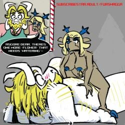 animated anthro asgore_dreemurr beard blonde_hair blue_nipples blush blush_lines body_hair bovid caprine carol_holiday clothed clothing cowgirl_position deer deltarune dialogue dominant dominant_female duo facial_hair female from_front_position furswagga goat hair horn male male/female mammal mature_female mature_male monster new_world_deer nipples nude on_bottom on_top pubes reindeer sex simple_background undertale_(series)