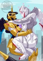 2girls absurdres black_helmet blush breasts colored_skin female giant_robo gold_skin helmet highres looking_at_another mecha multiple_girls no.1_sentai_gozyuger no_humans otokamu purple_eyes queen queen_tegajune robot super_sentai tega_sword_black tokusatsu unicorn white_skin yellow_eyes