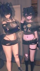 2girls armwarmer ass bent_over black_hair crop_top looking_at_viewer multicolored_hair navel navel_piercing peace_sign ponytail raccoon_ears raccoon_girl raccoon_tail short_shorts shorts snuffy snuffy_(vtuber) sweat thong tshirt wickafterdark