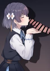 0haribo0 1boy absurdres bar_censor black_skirt black_vest blue_hair blush censored closed_eyes commentary_request erection female flower from_side gakuen_idolmaster hair_flower hair_ornament hataya_misuzu highres idolmaster kissing_penis large_penis male penis shirt short_hair skirt straight veins veiny_penis vest white_shirt