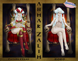 armor big_hair cave dragon_witch dragonkin horns orange_eyes peteflytese red_armor sorceress throne white_hair witch