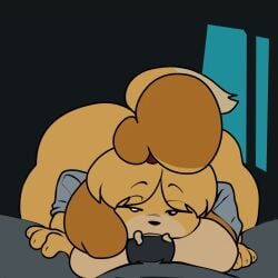 animal_crossing animated animated anthro anthro_on_anthro apsel_bluestar bedroom_eyes big_ass big_breasts color cum cum_in_mouth deepthroat fellatio hands-free isabelle_(animal_crossing) looking_at_viewer loop male_pov nintendo oral wagging_tail