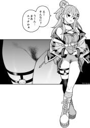 boots bow choker clothes_lift commentary_request crossed_ankles female full_body hair_bun hair_ornament hairbow hairclip highres igarashi_rika jacket lace-up_boots lifting_own_clothes long_hair looking_at_viewer monochrome nijisanji no_panties no_pupils pubic_hair single_side_bun solo speech_bubble star_(symbol) star_hair_ornament tanaka_ahiru thigh_strap translation_request undressing virtual_youtuber white_background zoom_layer