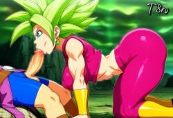 ai_generated arched_back ass big_ass blowjob cabba dragon_ball dragon_ball_super dragon_ball_z green_hair kefla leggings narrow_waist on_knees outdoors side_view sportswear sucking t8r thick_thighs thighs