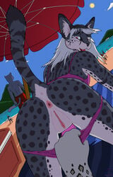 2020 all_fours anthro anus beach beach_towel beach_umbrella bikini boat clitoris clothing cooler detailed_background dutch_angle dysart felid feline female genitals hair hi_res hybrid karian mammal pantherine panties panties_down panties_pulled_down presenting pussy raised_tail red_eyes sea seaside serval solo solo_focus spots surfboard swimming_trunks swimwear underwear underwear_down vehicle water watercraft