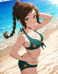 ass ass avatar_the_last_airbender beach_background black_eyebrows booty brown_eyes_female brown_ponytail flower_bikini hand_on_hair hand_on_head hand_on_hip looking_at_viewer nickelodeon paramount_animation red_hairband smile_at_viewer smiling_at_viewer ty_lee viacom wet_bikini wet_body wet_skin