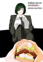 absurdres arched_soles artist_name ashikoki atorx bare_feet barefoot black_suit black_tie blue_eyes business_suit chainsaw_man cleavage collared_shirt condescending contempt crotch_view dark_hair digital_media_(artwork) dominance english_text eyepatch fanart feet feet_on_food female female_domination female_only first-person_view food food_and_feet foot_fetish foot_smother green_hair hamburger highres himeno_(chainsaw_man) jacket large_breasts legs_crossed looking_at_viewer looking_down low-angle_view medium_breasts messy_hair open_jacket pale_skin pants patreon pov pov_hands short_hair sitting smug soles solo suit text thigh_high_angle tie toes white_shirt