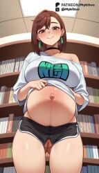 ai_generated ass_visible_through_thighs ayase_momo big_belly black_choker black_shorts blush book bookshelf breasts brown_eyes brown_hair ceiling censored choker closed_mouth clothes_lift collarbone crotchless crotchless_panties dandadan dolphin_shorts earrings female female_pubic_hair from_below hands_on_own_stomach indoors jewelry large_breasts library lifted_by_self looking_at_viewer medium_hair micro_shorts momo_ayase mosaic_censoring mykibuu navel off-shoulder_shirt off_shoulder pregnant pubic_hair pussy shirt shirt_lift short_hair short_shorts shorts smile solo standing stomach thighs white_shirt