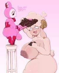 big_balls big_penis femboy huge_breasts kiss_mark looking_pleasured milf mrboomart pincpartinsfw pink_body rabbit rabbit_ears sheep sheep_girl size_difference sleeves smaller_male smile stool thick_ass thighhighs tongue_out