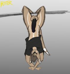 anthro balls big_balls big_ears big_penis black_clothing black_penis black_sclera black_shirt black_topwear botter botter_dork bottomless bottomless_male brown_hair clothed clothing colored_sketch cross erection fangs fur genitals hair hanging_by_legs hi_res humanoid_genitalia humanoid_penis long_tail looking_at_viewer male male_only multicolored_body multicolored_fur penis pupils purple_penis rio_(botter_dork) shirt simple_background sketch solo thick_tail topwear topwear_only two_tone_body two_tone_fur upside-down yellow_pupils