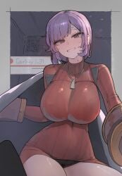 1girls artist_name azz0422 blanket blush border breasts character_name commentary courtney_(pokemon) dress female gloves grey_border grin highres jewelry large_breasts long_sleeves looking_at_viewer necklace nintendo outside_border pokemon pokemon_oras purple_eyes purple_hair qr_code red_dress ribbed_dress ribbed_sweater short_hair smile solo sweat sweater sweater_dress