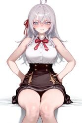 1girls ai_assisted ai_generated blush embarrassed fully_clothed karchew light_skin sitting solo thighs white_hair