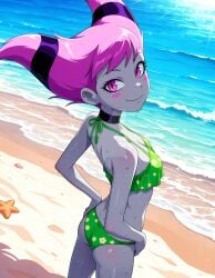 2025 ai_generated ass ass beach_background black_dot_eyes black_eyebrows booty cartoon_network dc_comics dc_super_hero_girls dcau deviantart elryusam flower_bikini jinx_(dc) jinx_(teen_titans) looking_at_viewer meta pink_cheeks pink_eyes_female pink_hair_female purple_hairband purple_neckwear smile_at_viewer smiling_at_viewer teen_titans wet_bikini wet_body wet_skin