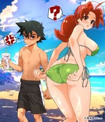 1boy 1boy1girl 1girls angry_expression annoyed beach bikini black_hair blush brown_eyes brown_hair coffee-break crushing_object delia_ketchum_(pokemon) game_freak huge_breasts long_hair looking_at_viewer messy_hair milf mother_and_son nintendo pokemon satoshi_(pokemon) satoshi_(pokemon) spiky_hair sunhat swimming_trunks swimsuit voluptuous