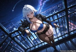 1girl ai_assisted ai_generated bangs belt black_footwear black_gloves black_jacket blue_hair blush boots breasts choker cleavage closed_mouth collarbone curvaceous curvy curvy_female curvy_figure earrings eyebrows_visible_through_hair female fingerless_gloves galbrena_(wuthering_waves) garter_straps gloves hair_between_eyes halterneck jacket jewelry knee_boots large_breasts leaning_forward long_sleeves looking_at_viewer midriff miyuai navel necklace night night_sky outdoors railing short_hair shorts silver_hair skirt sky smile solo standing star_(sky) starry_sky stomach tacet_mark_(wuthering_waves) thick thick_ass thick_butt thick_hips thick_legs thick_thighs thigh_boots thigh_strap thighhighs thighs voluptuous voluptuous_female wide_hips wide_thighs wuthering_waves