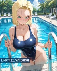 2025 ai_generated android18dx android_18 anicom61 anime blonde_eyebrows blonde_hair_female blue_eyes_female blue_swimsuit crunchyroll dragon_ball golden_bracelet golden_earrings instagram looking_at_viewer manga meta pool_background pool_swimsuit red_cheeks toei_animation wet_body wet_skin wet_swimsuit