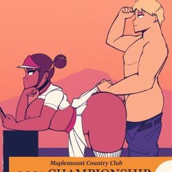 animated backshots breasts breasts_out casual cdlum cute damson_(cdlum) doggy_style maple_(cdlum) nipple_piercing on_phone pulling_skirt secretly_loves_it shirtless tennis_uniform white_skirt