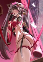 absurdres black_gloves blush bow brown_hair butterfly-shaped_pupils cowboy_shot detached_sleeves dress female from_below gloves hairbow highres honkai:_star_rail honkai_(series) kururu_(qqqqq59508750) long_hair looking_at_viewer mark_under_both_eyes mask mask_on_head mouth_hold red_bow red_dress red_eyes red_sleeves ribbon ribbon_in_mouth rope single_glove solo sparkle_(honkai:_star_rail) symbol-shaped_pupils thighs twintails very_long_hair