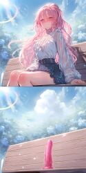1girls ai_generated ambiguous_penetration bare_legs bench blue_eyes blush blushing_profusely body_blush closed_mouth clothed clothed_female clothing color day dildo dildo_insertion dildo_penetration dildo_reveal dildo_riding dildo_sitting dildo_sitting_reveal dildo_under_clothes embarrassed facing_viewer female female_focus female_masturbation female_only female_orgasm female_penetrated female_pervert fit fit_female from_below front_view fully_clothed half-closed_eyes hi_res highres horny horny_female implied_penetration in_public izacru0 knees_together light-skinned_female light_skin long_hair looking_away looking_pleasured loving_it low-angle_view medium_breasts multiple_views orgasm orgasm_face original original_character outdoors outside park park_bench pink_hair pleasure_face pleasured ponytail public public_indecency public_masturbation raised_eyebrows revealing see-through see-through_clothing see-through_top sex_toy sex_toy_insertion sex_toy_under_clothing shirt sitting sitting_on_bench sitting_on_dildo skirt sky solo solo_female solo_focus split_screen stealth_masturbation sweat sweatdrop sweating thin_waist trying_not_to_cum trying_to_be_quiet very_high_resolution wavy_hair wavy_mouth wet wet_clothes white_shirt
