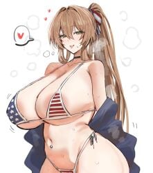 1girls american_flag_bikini american_flag_print areola_slip bare_shoulders blue_shirt blush breasts brown_hair choker cleavage collarbone cowboy_shot girls'_frontline girls'_frontline_2:_exilium green_eyes hair_between_eyes hair_ornament heart highleg highleg_bikini horn/wood huge_breasts long_hair looking_at_viewer micro_bikini navel navel_piercing off_shoulder ponytail side-tie_bikini sidelocks simple_background smile speech_bubble springfield_(girls'_frontline) steam stomach sweat tongue tongue_out white_background