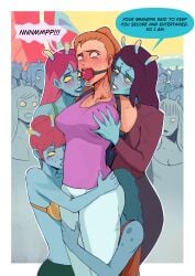 alien alien_girl armbinder ball_gag big_ball_gag blue_body bondage deckenz female female_only fondling fondling_breast gag gagged hivemind hug multiple_girls orange_hair red_ball_gag red_hair rick_and_morty summer_smith unity_(rick_and_morty)