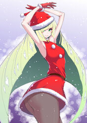 armpits ass big_ass christmas christmas_outfit gloves green_eyes long_hair lusamine_(pokemon) pantyhose pokemon pokemon_sm raised_arm simple_background snow stockings white_hair yamada_gogogo