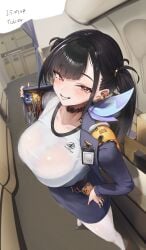 1girls airplane_interior black_hair breasts brown_eyes cellphone choker female flight_attendant goddess_of_victory:_nikke grin highres jacket jewelry large_breasts looking_at_viewer open_clothes open_jacket pencil_skirt phone ring shirt skirt smartphone smile solo sora_(nikke) ticker_(kks2ksy) travel_attendant white_shirt