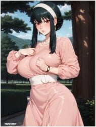 adoptable ai ai_assisted ai_generated black_hair cleavage highres jewelry looking_at_viewer milf mother patreon patreon_url patreon_username red_eyes spy_x_family thorn_princess wife yametastudio yor_briar yor_forger