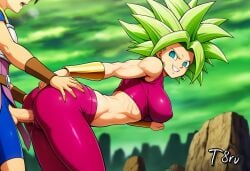 1boy 1girls ai_generated arched_back bending_over bent_over cabba dragon_ball dragon_ball_super dragon_ball_z green_hair kefla leggings narrow_waist sex side_view smile smiling sportswear t8r