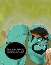 beer big_ass big_butt big_pecs big_pectorals blush drunk fart fart_cloud fart_fetish farting farting_on_another gassygohma hairy_chest hairy_male hairy_pecs hairy_pectorals human kou_(goh'ma) looking_at_another looking_back muscular_ass orc sitting_on_another sitting_on_person
