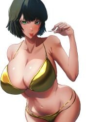 artist_name bikini busty curvy fubuki_(one-punch_man) gold_bikini green_eyes green_fingernails green_hair hips huge_breasts light-skinned_female light_skin one-punch_man sdbh_satopu swimsuit white_background