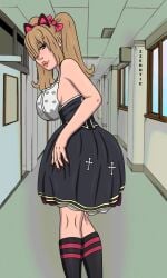 2025 artist_name big_breasts boots brown_eyes brown_hair caroline_(free_fire) cat_ears clothed clothing eyelashes free_fire long_hair looking_at_viewer looking_back patito_zzero pink_lipstick school school_uniform schoolgirl seductive_look skirt smile smiling