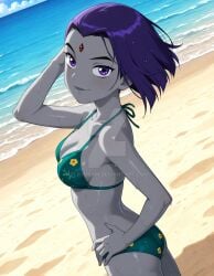 2025 ai_generated ass ass beach_background black_eyebrows booty cartoon_network dc_comics dc_super_hero_girls dcau deviantart elryusam flower_bikini forehead_jewel grey_body grey_lipstick grey_skin hand_on_hair hand_on_head hand_on_hip jewel_on_forehead meta purple_eyes_female purple_hair_female raven_(dc) raven_(teen_titans) teen_titans wet_bikini wet_body wet_skin