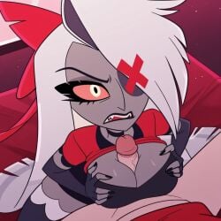 accurate_art_style ai_generated big_breasts black_bra bra breasts clothed duo erection faceless faceless_character fully_clothed grey_skin hazbin_hotel humanoid humanoid_penis male/female offscreen_character outercourse paizuri penis penis_between_breasts smooth_skin straight titjob vaggie_(hazbin_hotel) vivienne_medrano