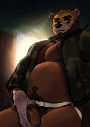 2024 animal_crossing anthro balls bear bodily_fluids brown_bear clothing erection genitals grizzly_bear hi_res ike_(animal_crossing) jacket jockstrap male male/male mammal musclegut muscular nintendo nipples overweight ryothehuskyy_(artist) solo topwear underwear ursine