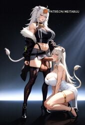 abs ahoge ai_generated animal_ear_piercing animal_ears balls big_breasts black_dress black_footwear breasts cum cum_in_mouth cum_on_body cum_on_breasts cum_overflow dark_skin erection fellatio female fur_trim futanari grey_eyes grey_hair hair_between_eyes hand_on_another's_head high_heels huge_balls huge_breasts huge_cock hugging_from_behind interracial intersex jacket large_breasts large_penis lion_ears lion_girl long_hair meitabuu multiple_girls penis shirt shishiro_botan shishiro_botan_(1st_costume) sidelocks sitting skirt standing tail testicles thigh_strap thighhighs thighs toned toned_futa uncensored virtual_youtuber white_dress