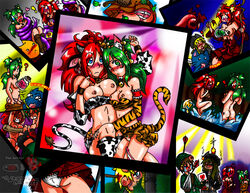 2boys 2girls accidental_exposure animal_ears anna_(ebf) artist_signature ass bell blush breasts cheetah_print clothed_male clothed_male_nude_female collar color comic cow_print embarrassed epic_battle_fantasy female femsub green_hair horn lance_(ebf) large_breasts leadpoint long_hair matt_(ebf) medium_breasts natalie_(ebf) on_back photo_(object) pigtails red_hair standing tail wardrobe_malfunction