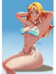 1girls armpits bikini kneeling large_breasts long_hair looking_at_viewer mavrii nami_(one_piece) one_piece orange_eyes orange_hair sweat thick_thighs voluptuous