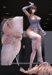 1boy 1girl 321714-chan black_hair blood china_dress corpse cum_in_ass cum_in_mouth cum_in_pussy cum_on_armpit cum_on_breasts cum_on_china_dress cum_on_clothes death faceless_male female gore guro high_heels hua_die_meng large_breasts legwear licking_lips long_gloves male male_death reverse_ryona stepping_on_penis